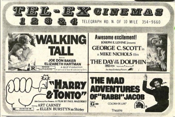 1974 ad Tel-Ex Cinemas, Southfield